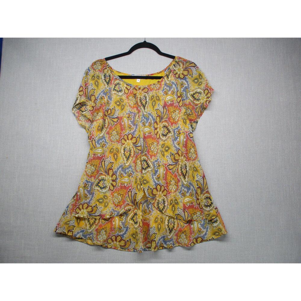 Blousology Multicolor Paisley Boho Short Sleeve Casual Blouse Women Size 1X‎